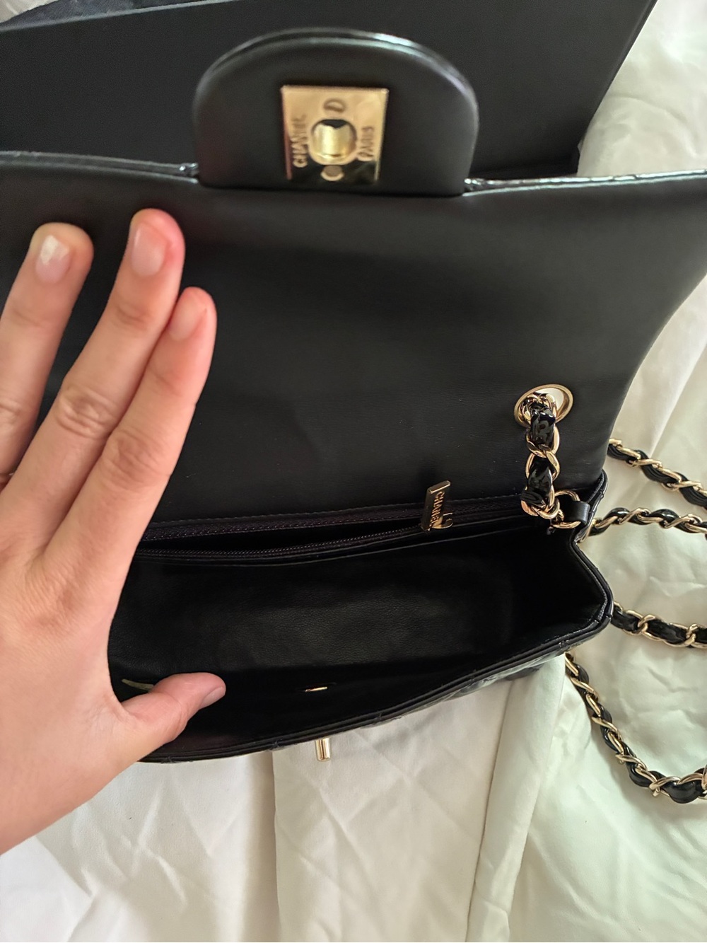 CHANEL Black Quilted Patent Leather Mini Crossbody with Gold-Tone Chain - Picture 7 of 13
